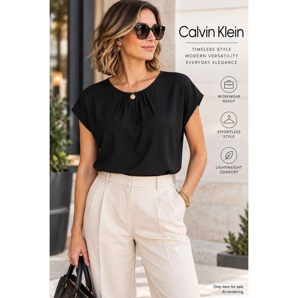 Calvin Klein Size Small Black Short Sleeve Blouse Pleated Neck Minimalist Top